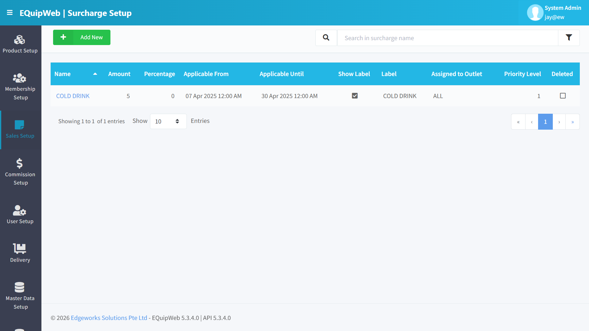 Surcharge Setup List